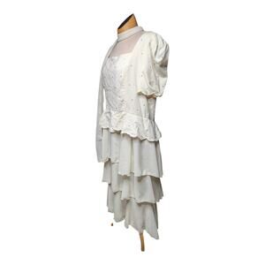 Vtg 1980s Michael Maiello Pat Richards Ivory Pearl Beaded Tiered Midi Dress 20